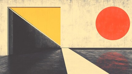 Abstract geometric art vibrant red circle contrasts muted yellow black shapes. AI Generated