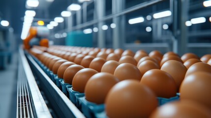 Obraz premium Eggs on conveyor belt in poultry farm, showcasing automation and efficiency
