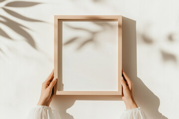 Picture frame held in hands on white background with leaf shadows. Empty frame in woman's hands