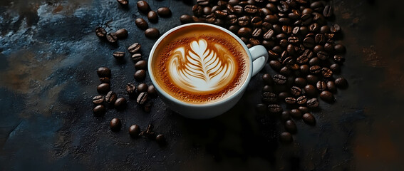 Latte Art and Coffee Beans: Exquisite latte art adorns a cup of rich coffee, surrounded by a scattering of roasted coffee beans, creating an inviting scene for coffee lovers.