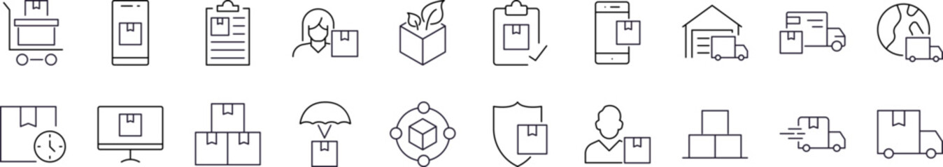 Truck, Box, Shipping as Delivery Modern Outline Style Icons for Design, Cards, Apps, Social Networks