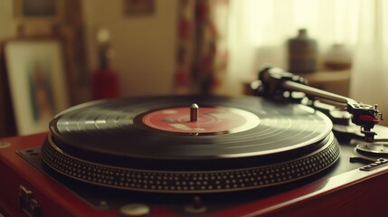 A vintage record player rests on a turntable, spinning a vinyl record, evoking nostalgia and a love for analog music experiences.