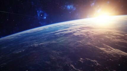 Fototapeta premium A beautiful view of the Earth from space. The blue and white colors of the planet are contrasted with the dark blue of the sky. The sun is shining brightly