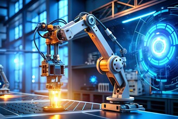 Fototapeta premium Robotic Arm in a Futuristic Factory: Automation and Innovation