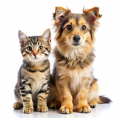 Obraz premium A cute dog and cat sitting together, isolated on a white background,