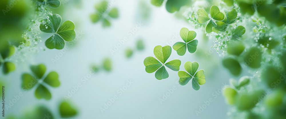 Poster a close-up of fresh clover leaves with a soft, blurred background, symbolizing good luck and prosper