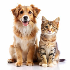 Obraz premium A cute dog and cat sitting together, isolated on a white background,