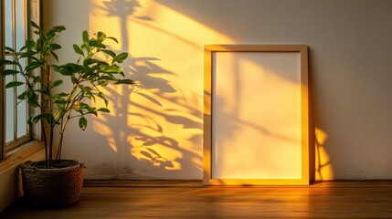 A potted plant sits beside a framed picture, creating a harmonious blend of nature and art in a cozy setting.