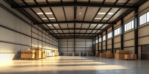 A spacious warehouse filled with numerous stacked boxes, showcasing an organized storage environment for efficient inventory management.