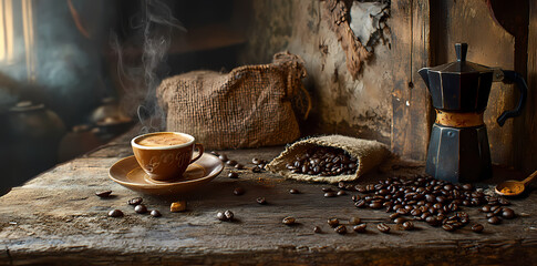 Aromatic Coffee Still Life: An inviting still life captures the essence of a morning ritual, with a steaming cup of coffee, coffee beans spilling from a burlap sack, a moka pot.