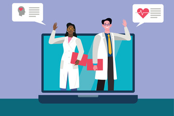 Doctors waving from laptop screen providing online medical consultation