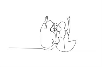 Minimalist line drawing of two individuals with a child, enjoying a sunny day outdoors