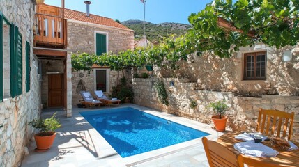 Obraz premium Swimming Pool at Stone Villa in Mediterranean Garden on Sunny Day