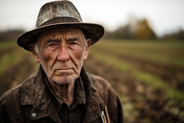 Obraz premium Portrait of a weathered farmer wearing a hat, standing in a plowed field, lines on his face tell stories of sun and toil under a cloudy, overcast sky.
