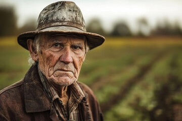 Fototapeta premium Close up portrait of an old farmer in a weathered hat, standing in a field, shows the resilience and dignity gained from a life of hard work and devotion to land.