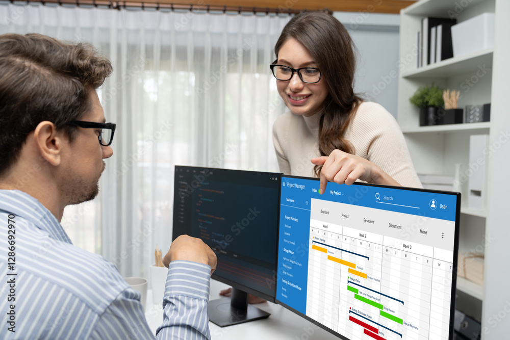Poster project planning software for brisk business project management on the computer screen showing timel