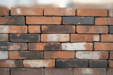 Fototapeta premium Bricks form a sturdy brick wall showcasing building material. The brick wall features a mix of colors and textures creating a visually appealing pattern