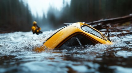 Obraz premium A striking visual of a yellow car sinking in a swift river, showcasing the impact of nature's power on man-made objects and evoking emotions of vulnerability and loss.