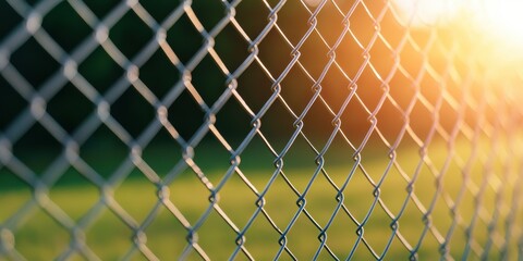 close up view of chain link fence with sunlight shining through, creating warm atmosphere. fence provides security and defines boundaries