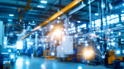 A modern industrial plant equipped with IoT (Internet of Things) technology, showcasing Industry 4.0 capabilities. Connected machines and devices communicate seamlessly, enabling r