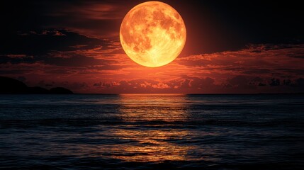 Dramatic Red Moon Over Dark Sea with Atmospheric Sky Reflection