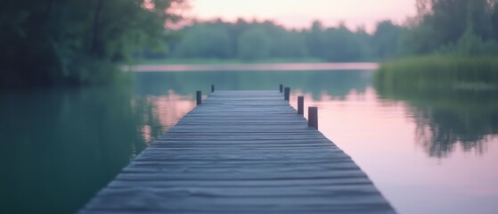 Wooden pier stretches into a serene lake at dusk, embraced by gentle, pastel hues.