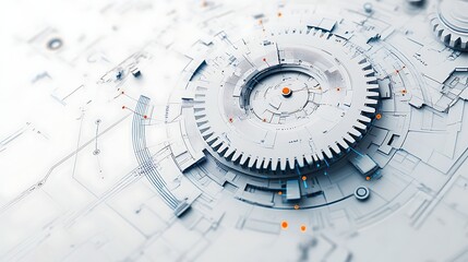 Metallic Gear on Circuit Board, A metallic gear placed on a complex circuit board with intricate pathways and components