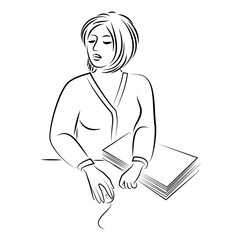 Girl works with documents. Lady holds computer mouse in her hands. Graphic picture. Vector illustration.