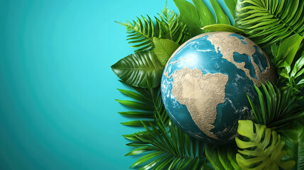 Earth 3D Rendered Globe Surrounded by Lush Green Vibrant Tropical Plants, World Environment Sustainability Concept, Copy Space for your text