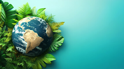 Earth surrounded by lush foliage, symbolizing environmental harmony and earth Day, Global Sustainability Concept, Copy Space
