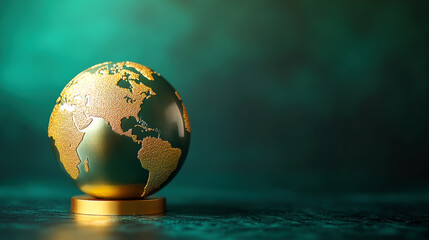 Golden Globe on Green Background, Elegant 3D Earth Representation for Environmental Concept, Copy Space