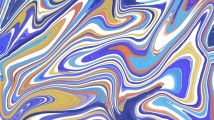 An abstract composition of flowing blue, gold, and copper tones, with intricate swirling patterns and a marbled texture creating depth and motion.