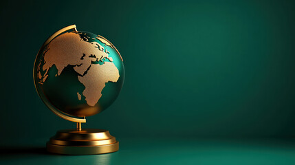 Luxurious 3D rendered Golden Globe on emerald Green Background, Elegant Representation of Geography, Global Unity, and Sustainability