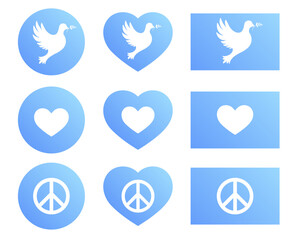 Set of blue icons with white peace dove. Heart-shaped, round and rectangular signs. Human rights and tolerance