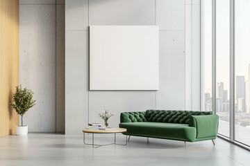 Green sofa in modern interior with blank canvas on wall. Cozy living room with couch coffee table plant and city view from window