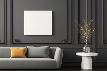 Sofa in modern interior with decorative vase and blank canvas. Gray sofa with pillows in a modern living room with black wall panels. Modern interior with sofa vase and picture frame