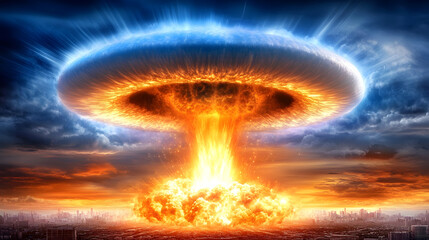 Abstract representation of nuclear energy explosion with vibrant colors and swirling patterns