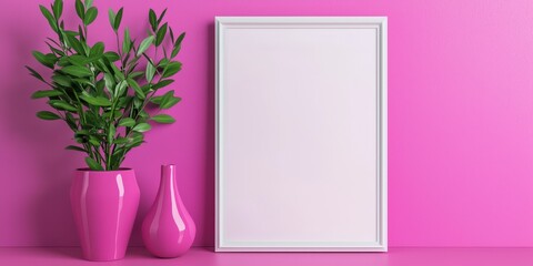 A beautiful arrangement featuring a potted plant in a vase next to a decorative picture frame on a light surface