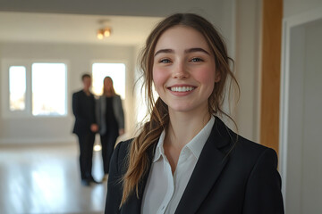 Female realtor smiling in suit inside modern property showing