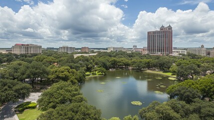 Obraz premium Scenic Urban Park with Tranquil Lake Surrounded by Lush Green Trees and Cloudy Sky