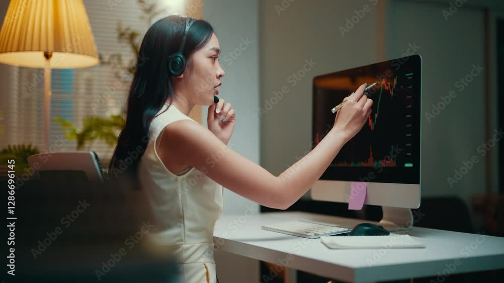 Aufkleber Young professional trader wearing headset pointing at financial graphs, working with data on computer screen, referencing market performance