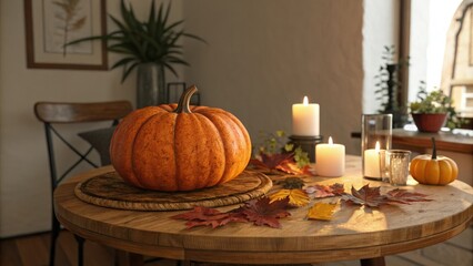 Warmly lit table with a pumpkin center, pumpkins, cozy atmosphere, fall decor