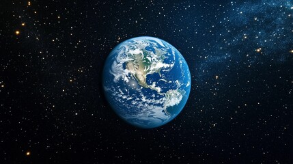 Obraz premium A large blue and white planet in the middle of a dark sky. The planet is surrounded by a lot of stars