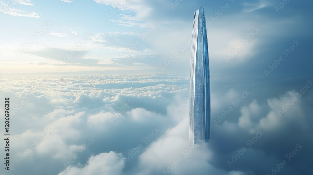Poster a futuristic skyscraper emerging from the clouds.