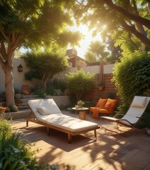 Fototapeta premium Warm afternoons spent lounging in a sunny backyard, beach balls, warm tones