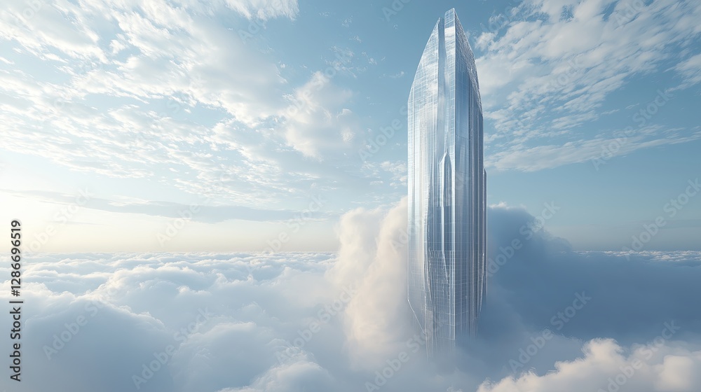 Poster a futuristic skyscraper emerging from the clouds.