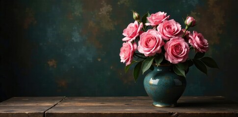 Fototapeta premium Vintage vase with rose bouquet in dark colors, pink roses, painting, art