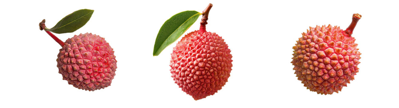 Fresh Lychee Fruits on White Background with Green Leaves