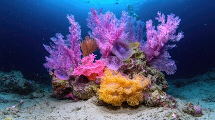 Obraz premium Vibrant coral reef underwater scene, ocean background, marine life, nature photography, ideal for travel brochures