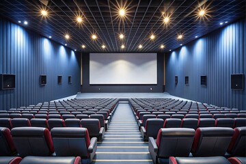 Obraz premium A large auditorium with rows of chairs and a large screen